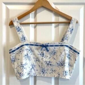 Altar'd State White with Blue Ditsy Floral Coquette Crop Top Size Large